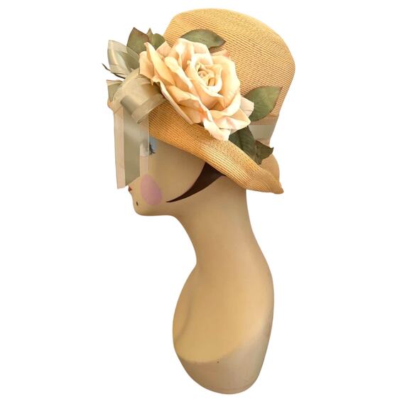 Vintage Linda Farrell Original Straw Hat Wired Brim Silk Flower Kentucky Derby